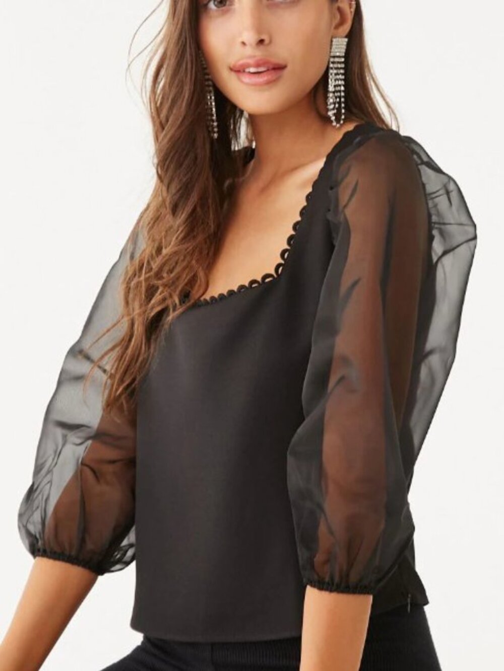 Forever 21 Black Square Neck Organza-Sleeve Top Small S